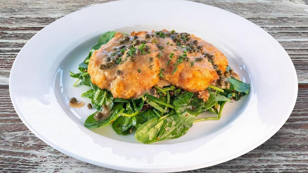 Chicken Piccata · Chicken breast lightly floured and panned fried with a white wine and caper butter sauce over sautéed spinach, garlic and lemon juice.. Contains: allium & garlic, citrus, dairy, gluten, wine.
