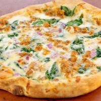 Sausage & Spinach Pizza · Parmesan cream, house made sausage, spinach, red onion.. Contains: allium & garlic, dairy, g...