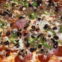 Supreme Pizza · Extra cheese, pepperoni, sausage, onions, mushrooms, green peppers, black olives, fresh garl...