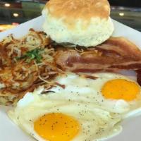 Farmers Breakfast · 2 eggs your way, choice of meat, hash browns and toast.