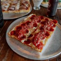 Large Detroiter · Two kinds of pepperoni: natural casing on top of the cheese, smoked pepperoni underneath wit...
