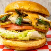 Jalapeño & Egg Cheeseburger  · ⅓ beef Patty, Pepper Jack Cheese, Lettuce,tomato, dill Pickles, Grilled Jalapeños, 2 O.M Egg...