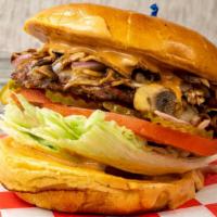 Mushroom Cheeseburger · ⅓ beef Patty, Pepper jack Cheese, Lettuce, Tomato, dill Pickles, Sautéed Onions, Sautéed Mus...
