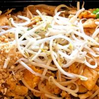 Pad Thai · Stir-fried thin rice noodles with egg, bean sprout, and scallion in tamarind sauce; topped w...