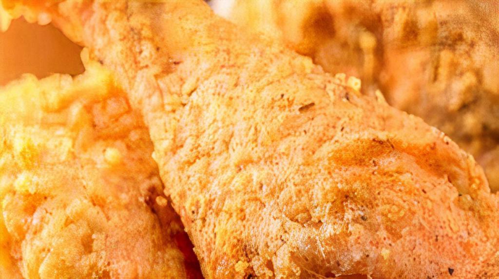 Mo-T'S Fried Chicken Leg- 2 Sides · 1 Chicken LEG and 2 sides (Mac & Cheese, Candied Yams, Collard Greens, or Green beans). Chicken is seasoned with homemade seasoning and deep-fried. Sides are country seasoned and cooked