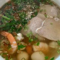 Phở Seafood (Large) · Rice noodle with shrimps, squid, fish balls in beef soup.