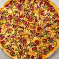 Deluxe Pizza · Pepperoni, sausage, fresh green, peppers, onions and mushrooms baked on a hand-tossed dough.