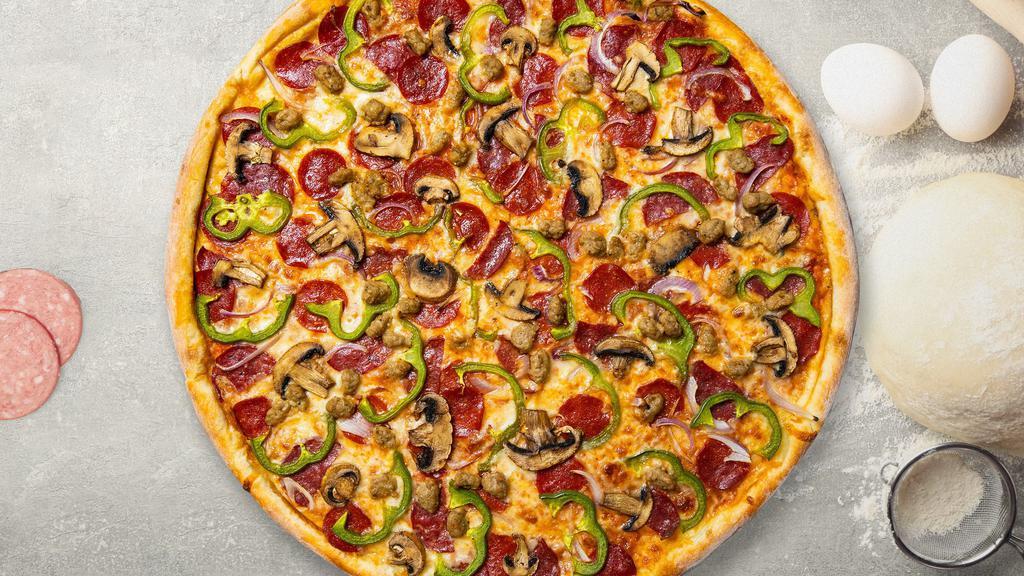 Supreme Pizza · Pepperoni, beef, black olives, onions and mushrooms baked on a hand-tossed dough.