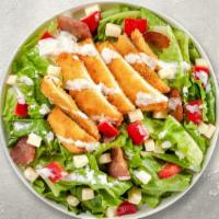 Crispy Chicken Salad · Mixed greens, crispy chicken, tomato, onion, cucumber, olives, and avocado tossed with your ...