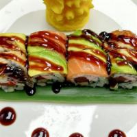 Fantastic Roll · Tuna, crab stick, cucumber topped with salmon, eel, avocado, and eel sauce