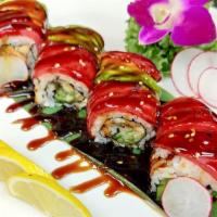 Red Dragon Roll · Eel, cucumber topped with tuna, avocado and eel sauce