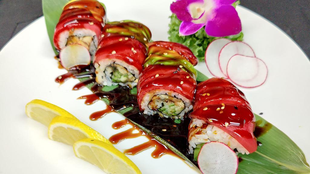 Red Dragon Roll · Eel, cucumber topped with tuna, avocado and eel sauce