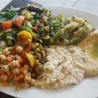 Vegetarian Sampler Platter · Includes samples of our 15 fresh sides: hummus, Babagonush, vegetable Babagonush, tabouli, f...