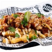 Tijuana Street Fries · Seasoned Crinkle Fries topped with Chipotle Aioli, Mexican Crema, Chili Lime Chicken, Fried ...