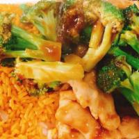 #7. Chicken With Broccoli · Sliced chicken stir fried with broccoli in brown sauce. served with steamed rice or fried ri...