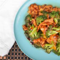 Chicken With Broccoli · Sliced chicken stir fried with broccoli in brown sauce.