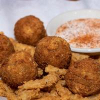The Bomb · Five crispy fried balls, loaded with shrimp, cheddar jack cheese, roasted jalapenos, bacon, ...