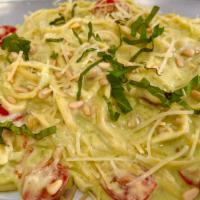 Linguini Al' Pesto · Linguini pasta, pesto sauce, parmigiano cheese, pine nuts, cherry tomatoes and fresh basil g...