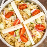 Cold Pasta Salad · Bow tie pasta, olive oil, garlic, olives, cucumber, red onion, cherry tomatoes, pecorino tru...