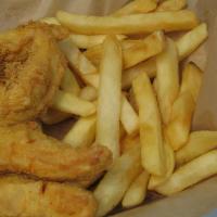 4 Piece Chicken Finger Combo · Deep fried tender chicken breast strips. Comes with french fries and soft drink.