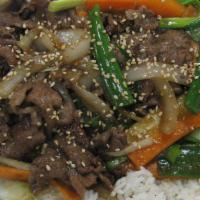 Bulgogi · Slice sirloin marinaded in Korean BBQ sauce and grilled. Served with bowl of rice.