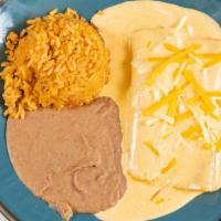 Cheese Enchiladas · Select a sauce: chili con queso adobado or chili con carne.