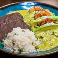 Enchiladas De Camaron · Stuffed with ricotta and spinach filling, covered with veracruz sauce, grilled jumbo shrimp ...