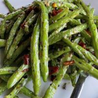 干煸四季豆 / Sichuan Dry-Fried Green Beans (1) · String beans. Add minced beef for an additional charge.