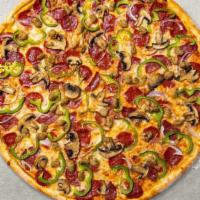 Full Stop Texas Supreme Pizza · Beef, turkey, pepperoni, Italian beef, mushrooms, onions, bell peppers, black & green olives.