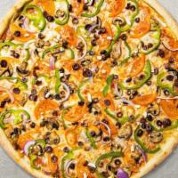 V Is For Veggie Pizza · Mushrooms, onions, bell peppers, black and green olives, tomatoes and fresh garlic. Vegetari...