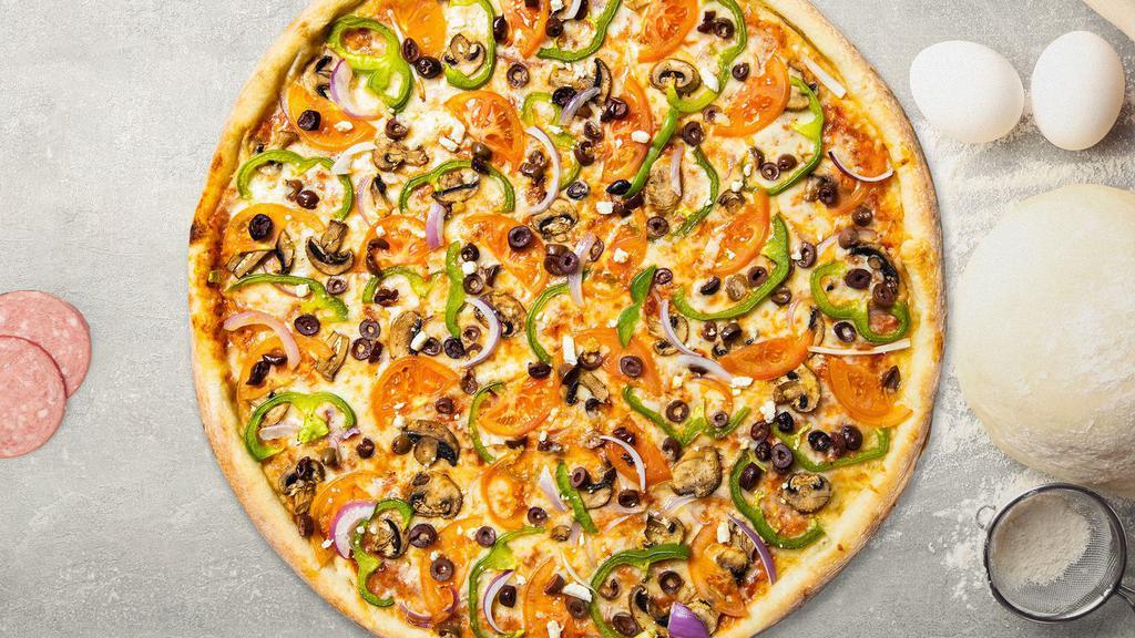 V Is For Veggie Pizza · Mushrooms, onions, bell peppers, black and green olives, tomatoes and fresh garlic. Vegetarian.