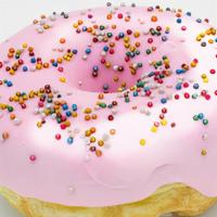 Homer · Raised ring dipped in strawberry flavored frosting and a smattering of round sprinkles.