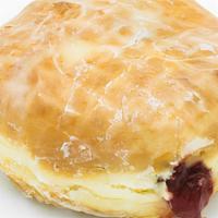 Raspberry Romeo · Raised yeast shell glazed and filled with raspberry.
