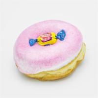 Voodoo Bubble · Raised yeast doughnut with vanilla frosting, bubble gum dust, and a piece of bubble gum.