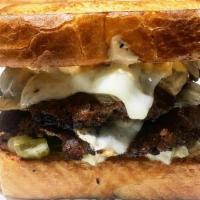 *Texas Patty Melt · Texas toast, (2) 3.5oz smash patties, topped with sauteed onions, (2) swiss cheese slices, d...