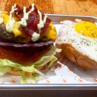 *Sunday Morning · Beef burger served on a Brioche bun w/ lettuce, tomato, onion, American cheese bacon, sunny-...