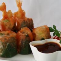 Spicy Shrimp Tempura Rolls · Fresh rolls stuffed with shrimp tempura, cucumber, lettuce, carrot, tomatoes, celery, jalape...