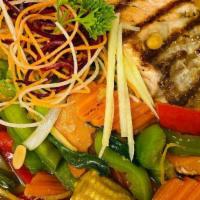 Ginger Salmon · Grilled Salmon fillets served with ginger, baby corn, onion, carrots, bell pepper, scallions...