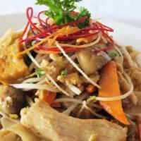 Messy Noodles · Wide rice noodles. eggs, mushrooms, carrots, bean sprouts and scallions in a sesame oil sauce.