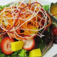 House Salad · Mixed greens, carrots, tomatoes, cucumbers, and seasonal fruit. ( Dressing is served on the ...