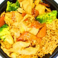 Teriyaki Stir Fry Noodle Bowl · Stir fry noodles topped with broccoli, cabbage, carrot, and baby corn in a teriyaki sauce.