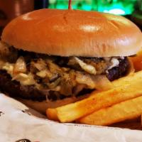 Mushroom · Delicious burger, with melted cheese and mushrooms, for a man with a big appetite.