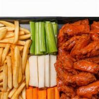 Tray 1 (Bone-In) · 40 wings, one pound of veggies, one pound of fries, two sides of ranch, one side of ketchup.