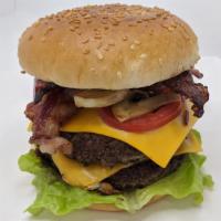 The Pirate · Double Premium Beef. Bacon, House Sauce, Lettuce, Tomato, Onion, Pickle, American Cheese..