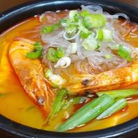 Seafood & Soft Tofu Stew With Noodle (Haemul Soondubu With Noodle) · Haemul soondubu with noodle - a spicy soup with assorted seafood, vegetables, and soft tofu.