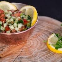 Persian Salad (Salad Shirazi) · Gluten free. Chopped tomatoes, red onions, cucumbers, mixed with mint, olive oil, lemon juic...