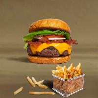 Bacon On Board Burger · American beef patty topped with melted cheese, layers of crispy turkey bacon, lettuce, tomat...