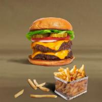 Double Cheese Trouble Burger · Two American beef patties topped with melted cheese, lettuce, tomato, onion, and pickles. Se...