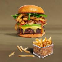 Face Of Fries Burger · American beef patty topped with fries, avocado, caramelized onions, ketchup, lettuce, tomato...