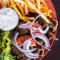 Gyro Plate · Gyro meat, tzatziki, warm pita bread and salad served with fries or rice.